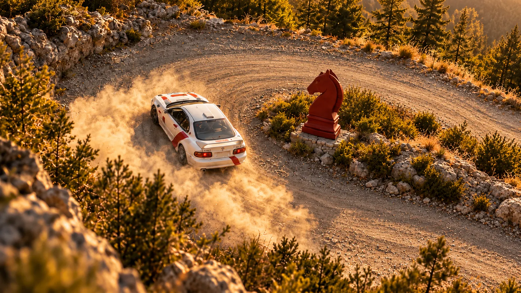 From above, a white rally car with red stripes throws up dust through a hairpin past a large red chess knight on a mountain track at sunset.